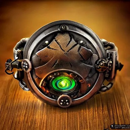 Prompt: A steampunk wristband that launches out a grapple using steam canisters, epic fantasy art style HD