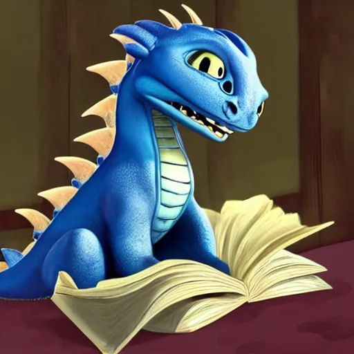 Image similar to cute dragon reading a book in the style of how to train your dragon