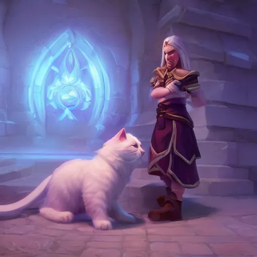 Prompt: jaina proudmoore pets a white kitty, world of warcraft, digital art, dmitry prozorov style, artstation, rhads and greg rutkowski and james gurney, extremely detailed, volumetric lighting, ultra quality, 8 k, sharp focus, ray tracing