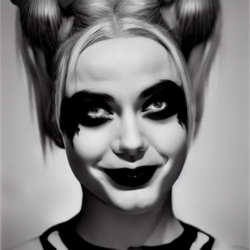 Image similar to Harley Quinn, realistic, portrait, black and white photography, 1960