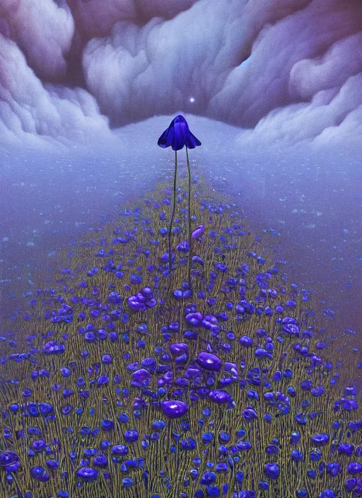 Image similar to detailed, intricate blue black and purple papaverum flower on the field, nebula, galaxy in the sky, winning award masterpiece, fantastically beautiful, illustration, aestheticly inspired by beksinski and dan mumford, upscale with simon stalenhag work, artstation, 8 k