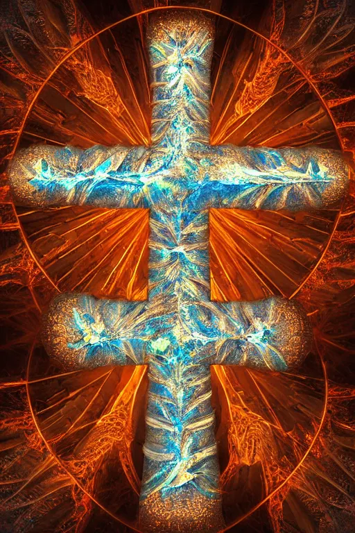 Image similar to a crystalline 3 d mandelbulb fractal in the shape of a christian cross, bioluminescent opal, fractal, magnificent lighting, ethereal, ray tracing, octane, holographic