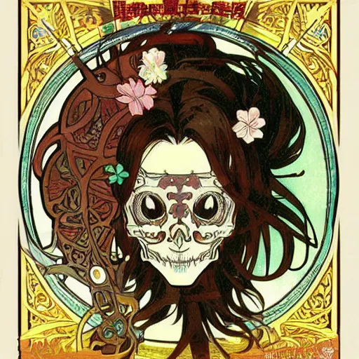 Image similar to anime manga skull portrait woman comic skeleton illustration style by Alphonse Mucha pop art nouveau