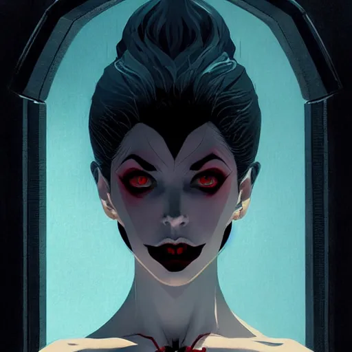 Image similar to beautiful vampire queen, symmetrical face, evil, closeup, cinematic, dramatic, powerful, super detailed and intricate, by koson ohara, by darwyn cooke, by greg rutkowski, by satoshi kon