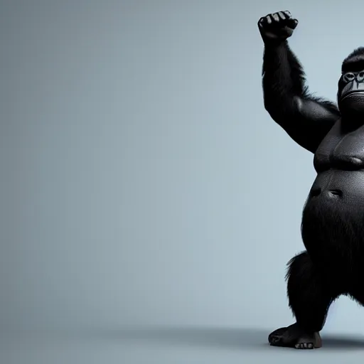 Prompt: happy gorilla wearing a suit carrying a briefcase in the style of pixar, volumetric lighting, redshift render, 4 k, detailed