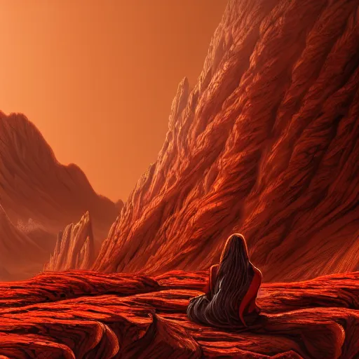 Image similar to Still of a Martian woman with gorgeous flowing hair on Mars, sitting on a Martian rock, reddish atmosphere with detailed highlights, dark gloomy sky cascading upon the atmosphere, well-detailed ornate Martian mountains in the background, trending on artstation, 4k, 8k