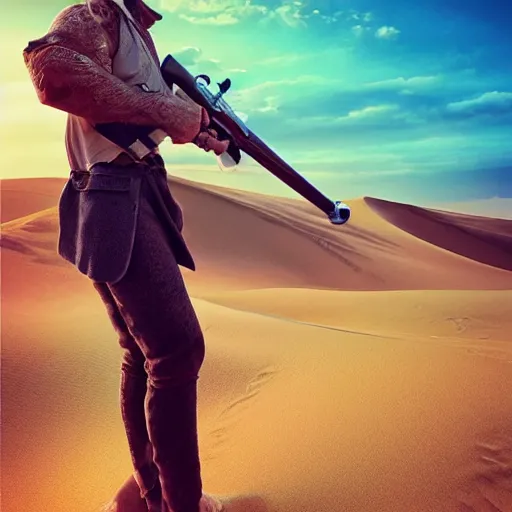 Image similar to a man holding a large blunderbuss. standing in a sand dune. colorful, bright, fantasy, artgerm, dnd, fantasy, rpg