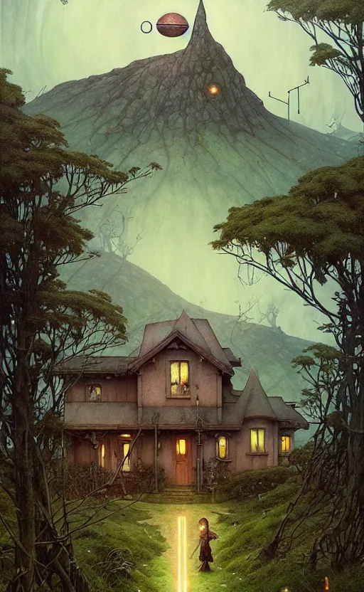 Prompt: a hyper realistic witchy cottage with solar panels on a tall hill, distant explosions in the mountains, atmospheric lighting, lush foliage, painting by chiara bautista and tom bagshaw, mucha, beksinski and norman rockwell and greg rutkowski weta studio, and lucasfilm