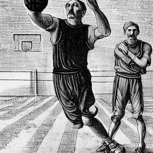 Image similar to hitler playing basketball, realistic, detailed, colored by da vinci