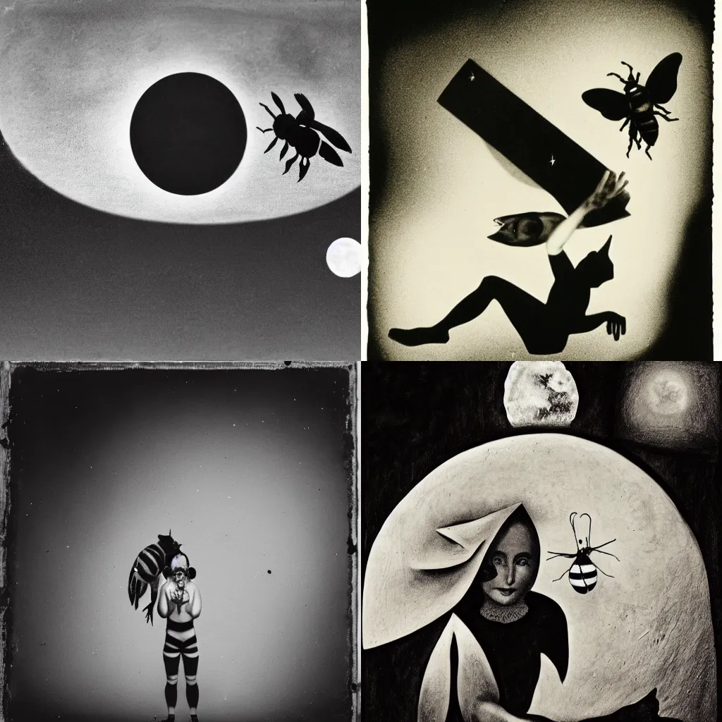 Prompt: a surreal black and white photo entitled \'the moon and the bee\' in the style of man ray and Joel-Peter Witkin