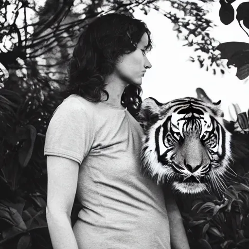 Image similar to woman from rising silent posing with a tiger in a garden, 1 9 2 0 s photography, trending on unsplash, black and white photography, intricately defined, complexly detailed, 4 k photorealism, golden ratio!!!!!, centered!!!!!