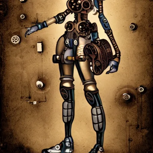 Prompt: cyborg girl, clockwork, springs, pistons, gears, wind - up parts, steampunk, gabrielle rossetti