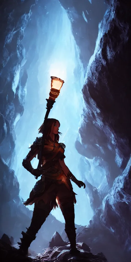 Image similar to a epic hero adventurer holding a torch in a dark cave, fantsy, concept art, artgerm, monster hunter world, 8 k realistic, radiant light, frostbite 3 engine, dof, cryengine, digital art, detailed background