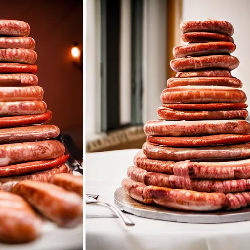 Prompt: a wedding cake made of meat and sausages with ketchup sauce. During wedding. Highly detailed 8k