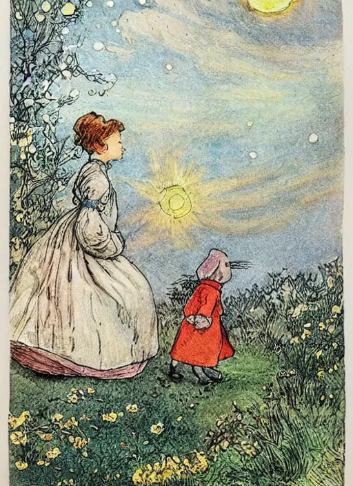 Image similar to sky transitioning from day to night, one half is sunny, other half is starry and dark, illustrated by peggy fortnum and beatrix potter and sir john tenniel