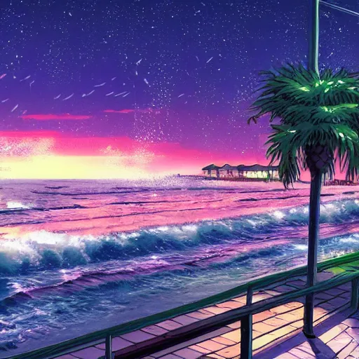 Image similar to a costal florida town at midnight, dark outside, ocean nearby, modern anime style, official anime still