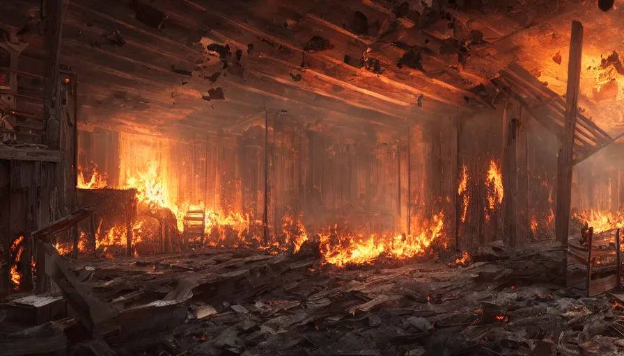 Prompt: Inside of a burning collapsed wooden house, hyperdetailed, artstation, cgsociety, 8k