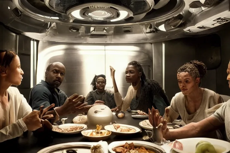 Prompt: movie diverse interracial small team of European sci-fi futuristic space explorers talking at the table in a spaceship kitchen, beautiful skin, Symmetrical faces. Beautiful lighting by Emmanuel Lubezki