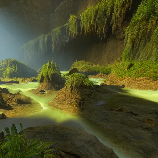 Prompt: A lush valley in the chasm of a great glacier, Unreal Engine, trending on artstation