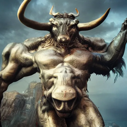 Prompt: hyperrealistic mixed media image of minotaur, stunning 3 d render inspired art by greg rutkowski and xiang duan and thomas eakes, perfect facial symmetry, lifelike texture, realistic, highly detailed attributes and atmosphere, dim volumetric cinematic lighting, 8 k octane detailed render, post - processing, masterpiece,