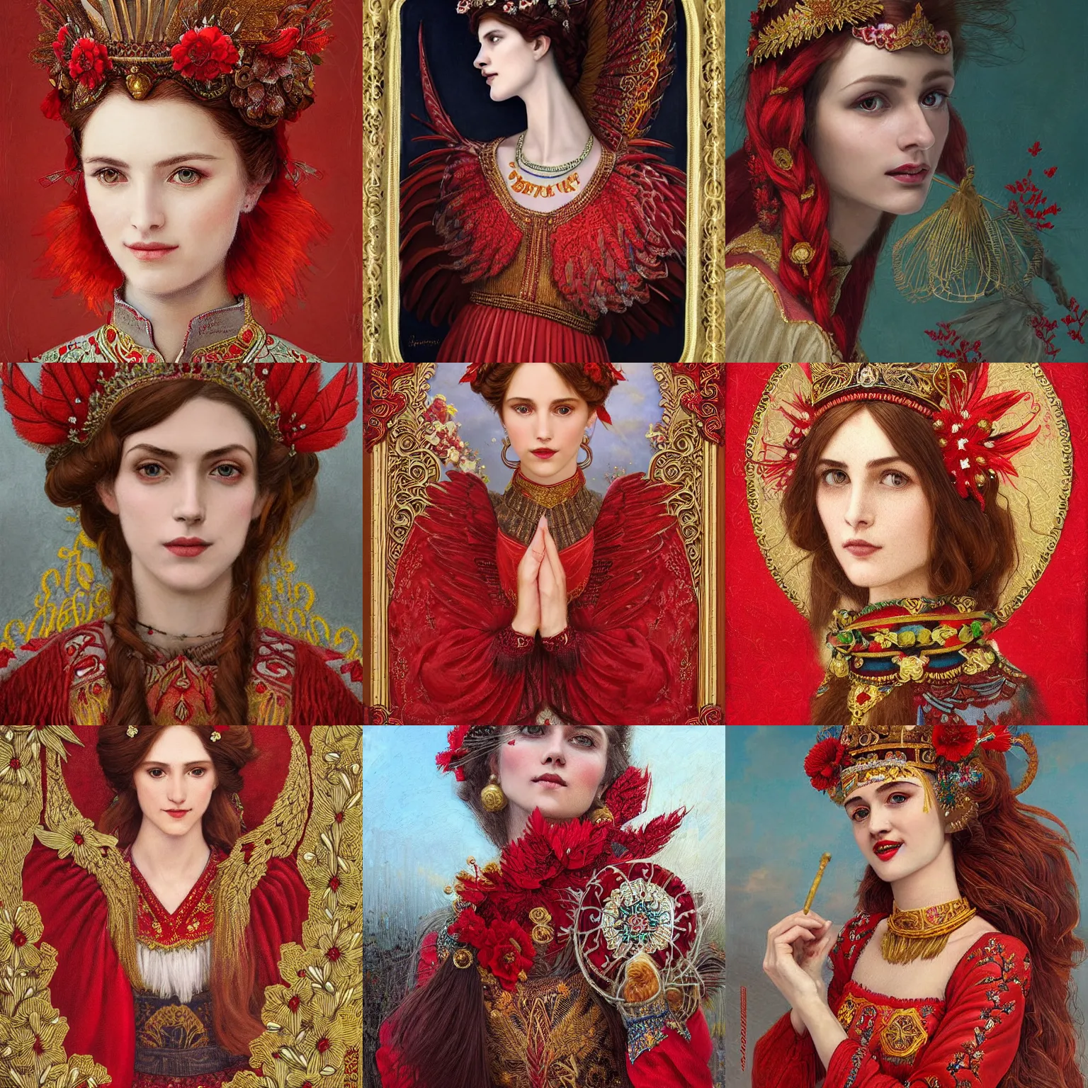 Image similar to the brown - haired lady with red wings, in red embroidery short ukrainian national costume, filigree crown with textile embroidery flowers, ukrainian heroine with red crow, pre - raphaelite beautiful, playful smile, detailed portrait, intricate complexity, acril painting the style of charlie bowater, tom bagshaw, alexis franklin, elena masci, pawel rebisz