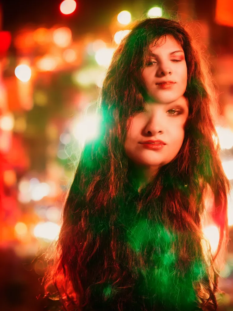 Image similar to photograph of a beautiful woman illuminated by red and green light , night , 85 mm f1.4