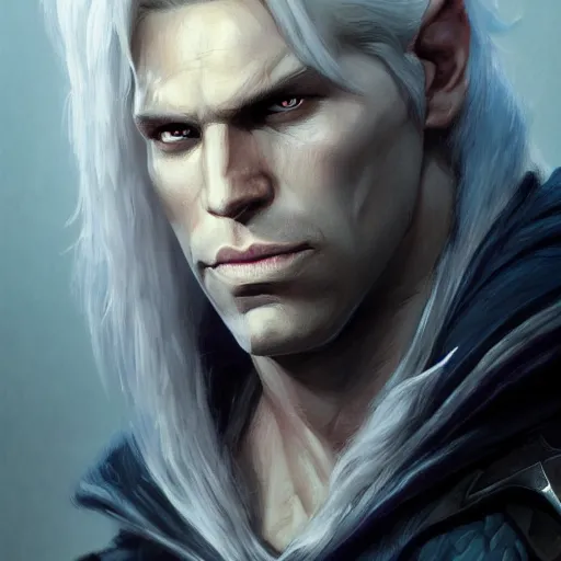 Image similar to realistic portrait of drizzt du orden by r. a. salvatore with thinner face, dark elf with purple eyes and white hair, trending on artstation, low angle oil painting and composition laws, cinematic lighting, hyperdetailed, cgsociety, 8 k