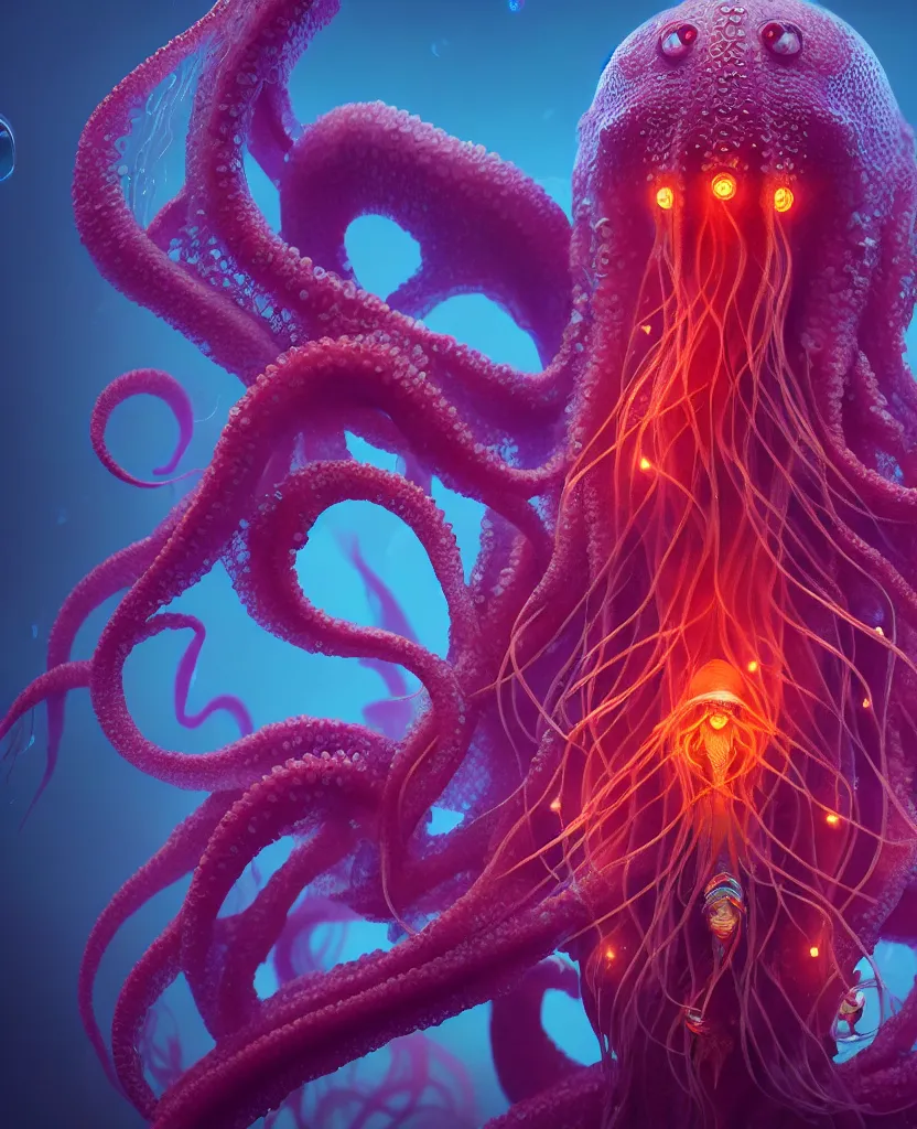 Prompt: cthulhu goddess close - up portrait, squid coming from woman eyes, phoenix jellyfish, orchid, betta fish, bioluminiscent, intricate artwork by tooth wu and wlop and beeple. octane render, trending on artstation, greg rutkowski very coherent symmetrical artwork. cinematic, hyper realism, high detail, octane render, 8 k