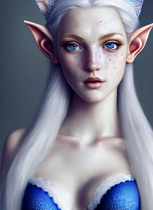 Prompt: a beautiful portrait, white background, gorgeous fantasy elf. sexy bra, professionally retouched, soft lighting, freckles, realistic, smooth face, detailed gorgeous blue eyes, long white hair, cute ears, wide angle, sharp focus on the eyes, 8 k high definition, insanely detailed, intricate, elegant, sexy, beautiful, art by artgerm and wlop