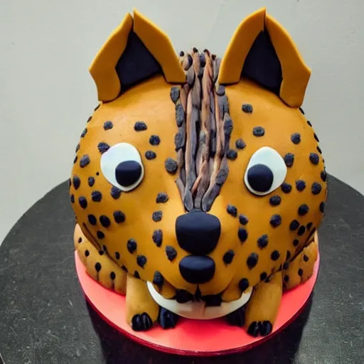 Image similar to cute hyena made of cake on top of birthday cake