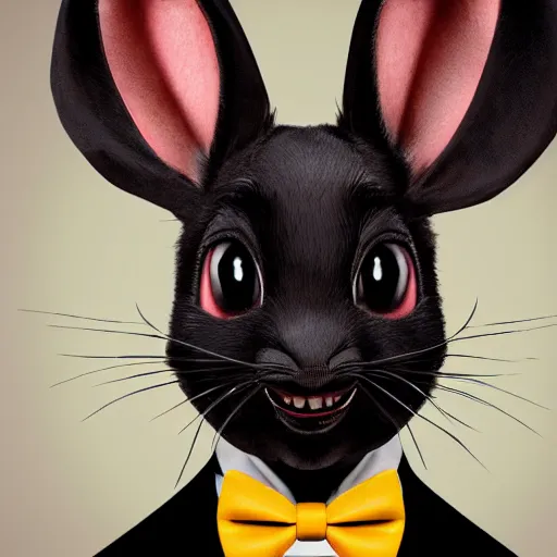 Image similar to A extremely highly detailed majestic hi-res beautiful, highly detailed head and shoulders portrait of a scary terrifying, horrifying, creepy black cartoon rabbit with a bowtie and scary big eyes, earing a shirt laughing, hey buddy, let's be friends, in the style of Walt Disney