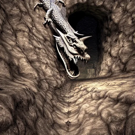 Image similar to dragon at the entrance to a mountain cave, sharp, realistic render