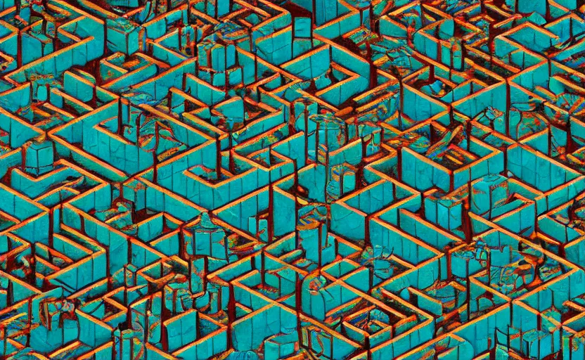 Prompt: interior of an elaborate labyrinth of runic cubes, dark teal, endless maze - like runes, sharp high detail, masterpiece by satoshi kon, crystal cubism, greeble, tesseract, darksynth, high definition