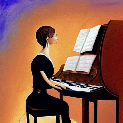 Image similar to beautiful painting of a light skinned woman with short hair playing a piano, digital art by Salvador Dali