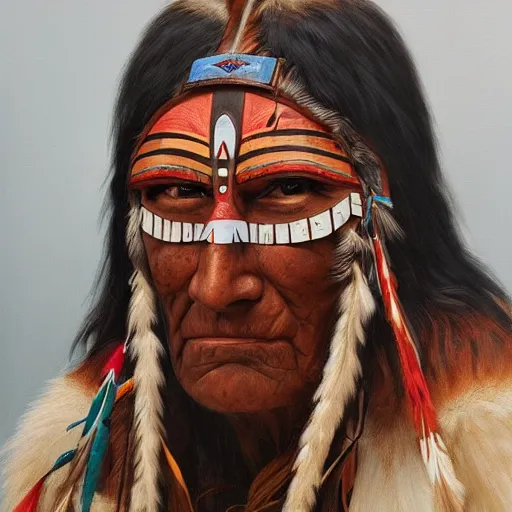 Image similar to painting portrait of a native american wearing a wooden mask, artstation, ultra detailed