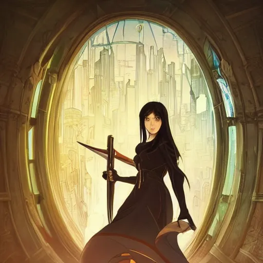 Prompt: portrait of a woman, long black hair, holding sword, in front of a sci fi cityscape, by makoto shinkai, alphonse mucha, masamune shirow, detailed, cinematic, wide angle, dark sepia toned shading, luminescent eyes, detailed face, expressive eyes, blue fire everywhere, trending on artstation.