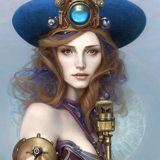 Image similar to Masterpiece head and shoulders portrait of Caitlyn from League of Legends of Arcane animated Series with blue long hair and cylinder hat with Steampunk armor drawn by Donato Giancola and Tom Bagshaw, Edmund Leighton, Alphonse Mucha, background by James Jean and Gustav Klimt, 4k, porcelain skin, volumetric lighting, komorebi, french nouveau, trending on artstation, octane render, hyperrealistic