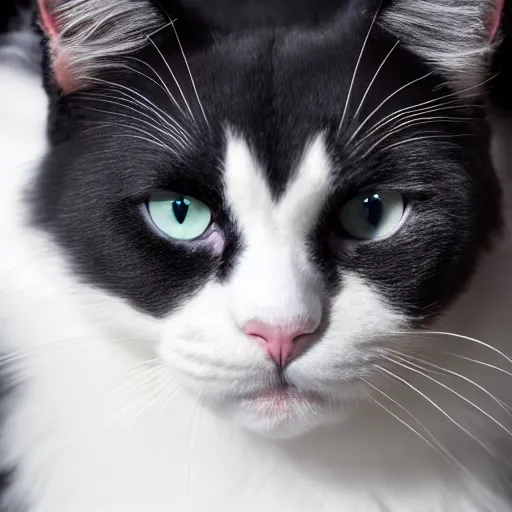 Image similar to fluffy tuxedo white cat portrait, white cheeks, aesthetic highly detailed soft fur and paws, professionally shot photorealistic 8k photograph, 35mm Canon EOS R3, rendered in octane, by Natalie Große and Jason Allison