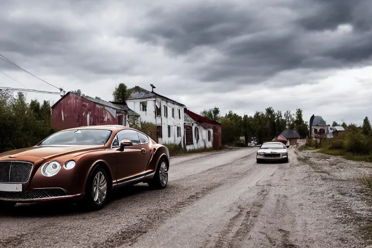 Image similar to modern rusty Bentley Continental GT drives along the road of an old Russian village with houses at the edges