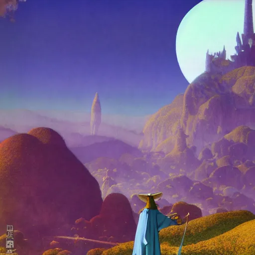 Prompt: a magical wizard in front of a big and structured landscape of a big and structured fantasy kingdom city by Maxfield Parrish, digital art 8k, trending on artstation, anime, unreal engine