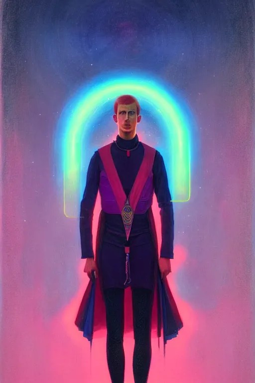 Image similar to male patron saint of 🛸🌈, futuristic clothing, neon god of city character portrait, in the style of moebius, tom bagshaw, and waterhouse, cinematic lighting, beautiful, elegant, oil painting,