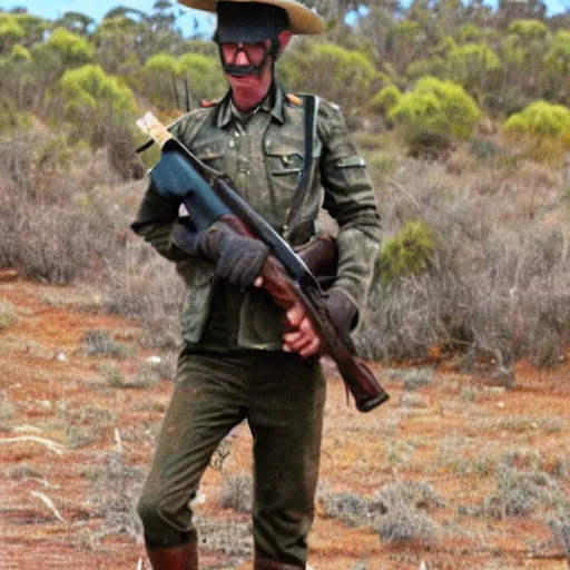 Image similar to emu soldier carrying firearms victorious at the fall of australia