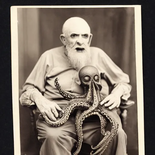 Prompt: spooky old man with an octopus on his lap, vintage photograph, atmospheric