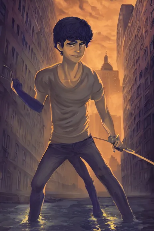 Image similar to percy jackson illustration, walter scobell, city of new york, artstation