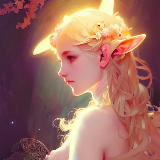 Prompt: A girl with blonde hair, fox ears, glowing halo, wings, fantasy, intricate, elegant, highly detailed, digital painting, artstation, concept art, smooth, sharp focus, illustration, art by Krenz Cushart and Artem Demura and alphonse mucha