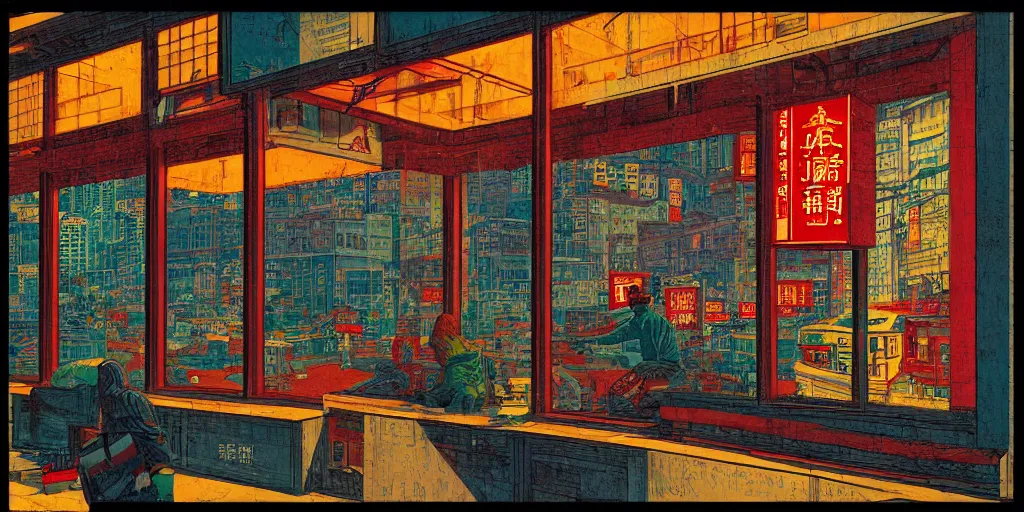 Image similar to a window view, through the window is another shop window in hong kong, by dan mumford and peter doig and edward hopper, minimal, black in, thick lines highly detailed, muted colours, overlaid with chinese adverts, 8 k