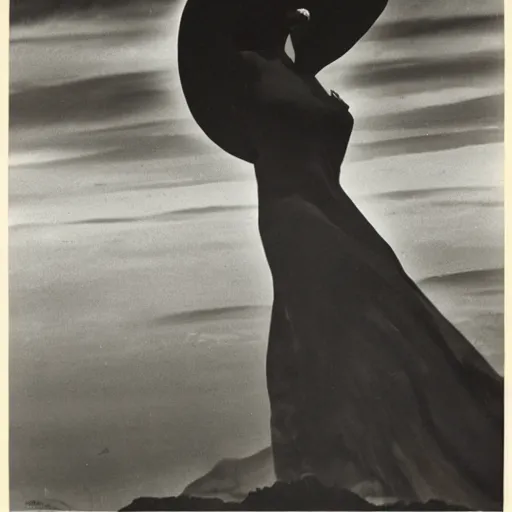 Prompt: art deco by hein gorny turbulent. a body art of a woman standing in a field of ashes, her dress billowing in the wind. her hair is wild & her eyes are closed, in a trance - like state. dark & atmospheric, ashes seem to be alive, swirling around.