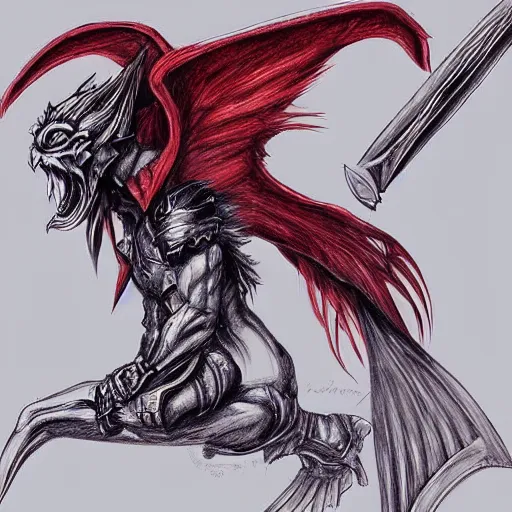 Image similar to “winged, red haired woman, gargoyle, flaming sword, full plate armor, fantasy drawing, concept art”