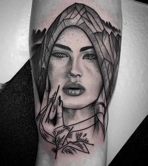 Image similar to amazing blend effect of beautiful mountain scenery with a beautiful woman face, tattoo design sketch, hyper - realistic, in the style of matteo pasqualin, amazing detail, black and white