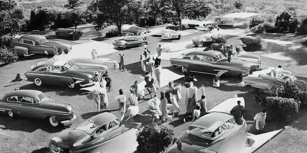 Prompt: detailed sharp photograph in the style of popular science circa 1 9 5 5 and gregory crewdson of a 1 9 5 0 s cocktail party on the lawn of a suburban house mid summer